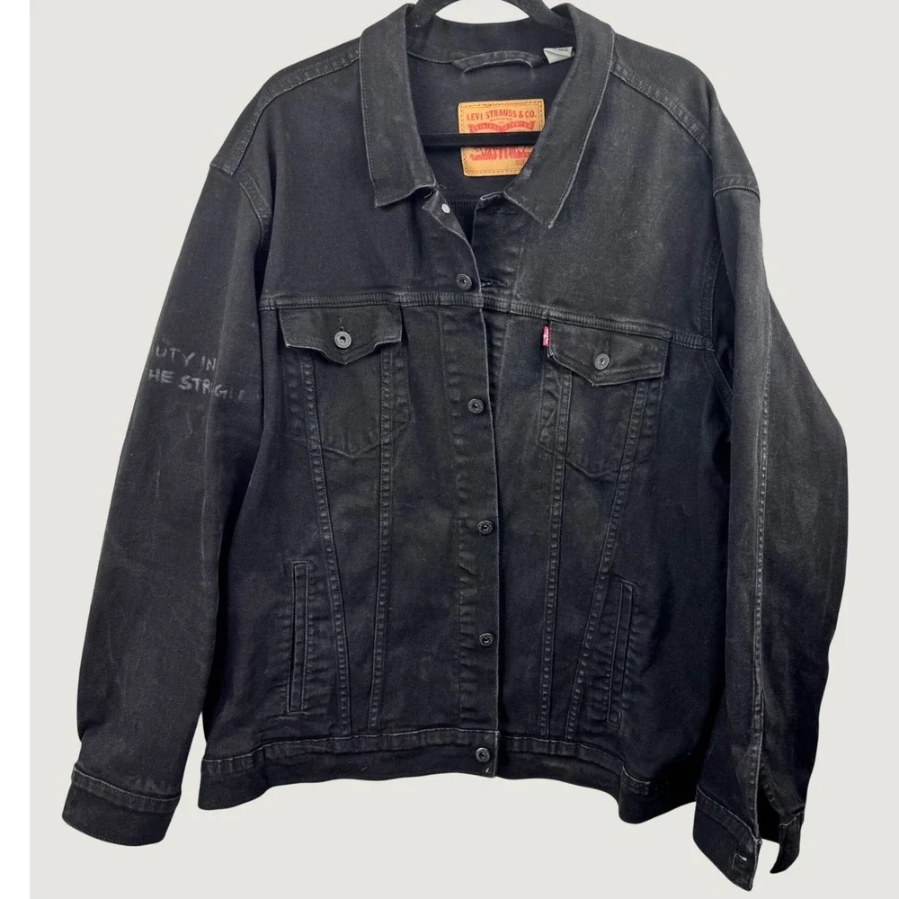 Levis Trucker Jacket Mens 3XL Black Graphic Sleeve Streetwear Custom Denim